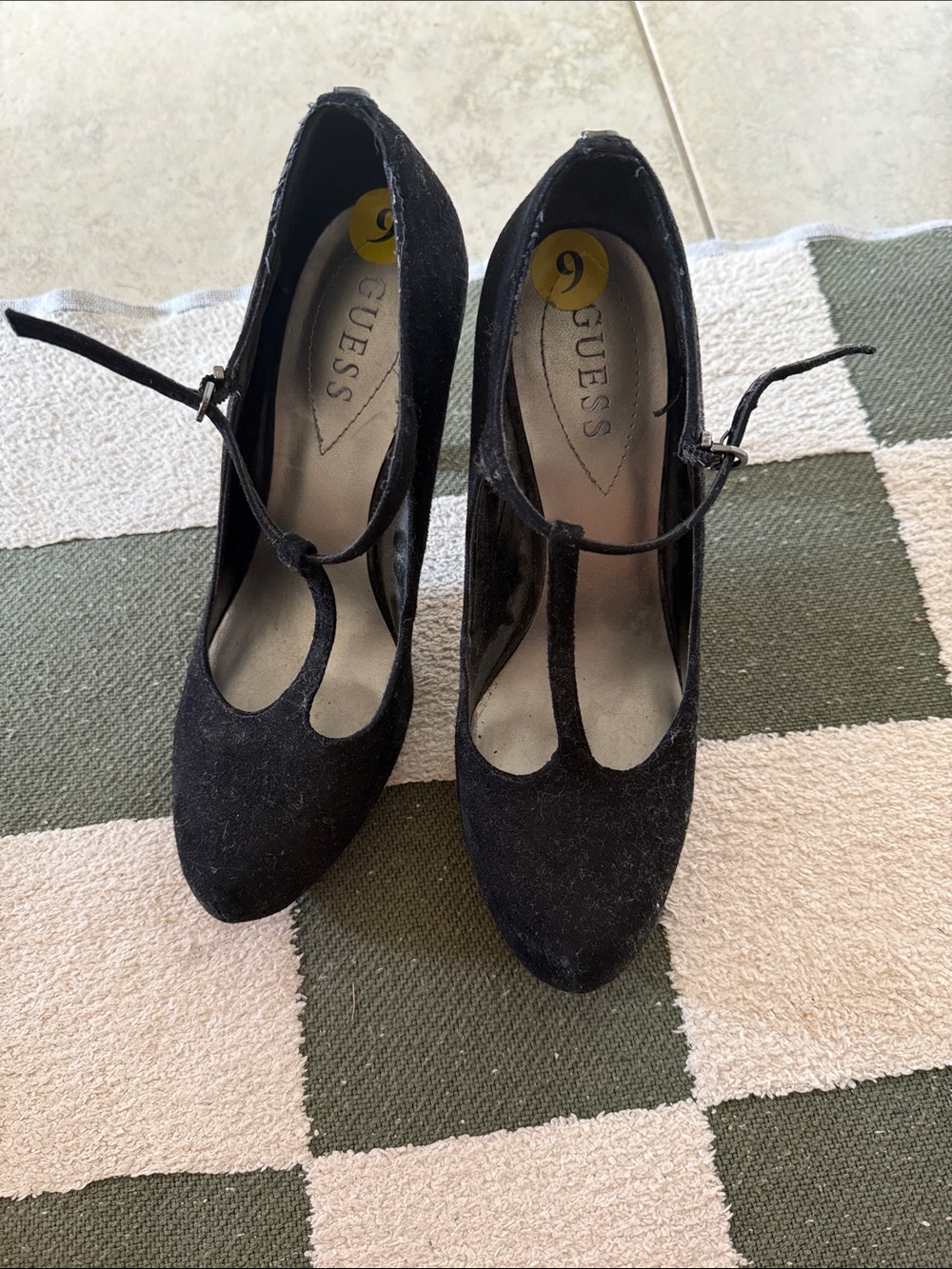 GUESS Black Suede T-Strap Pumps